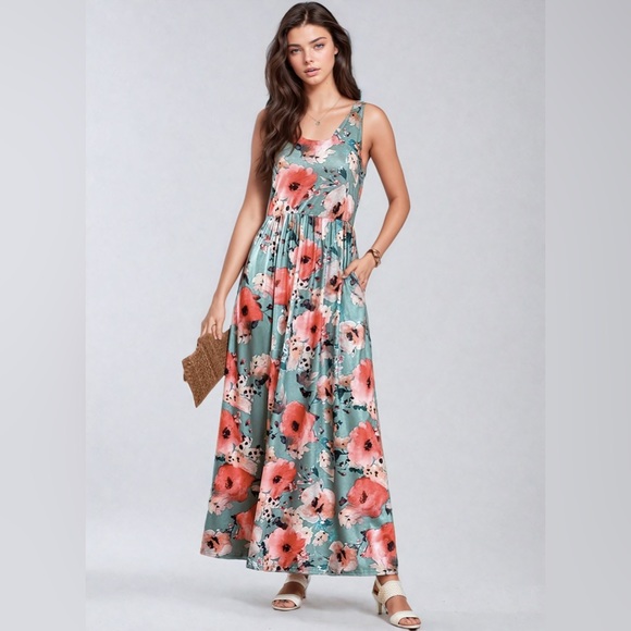 Blue Boho Floral Print Hidden Pocket Dress - Picture 5 of 8